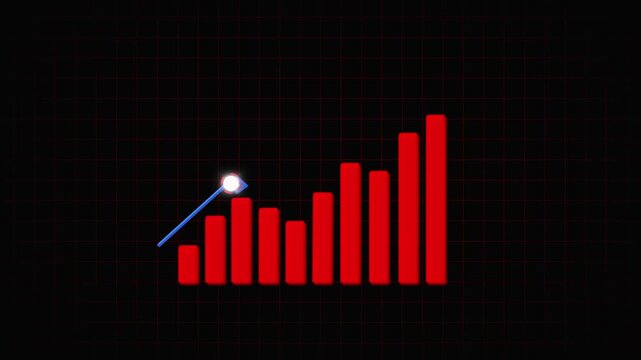 Red pixelated blocks on a dark grid background display minimalist digital art effect