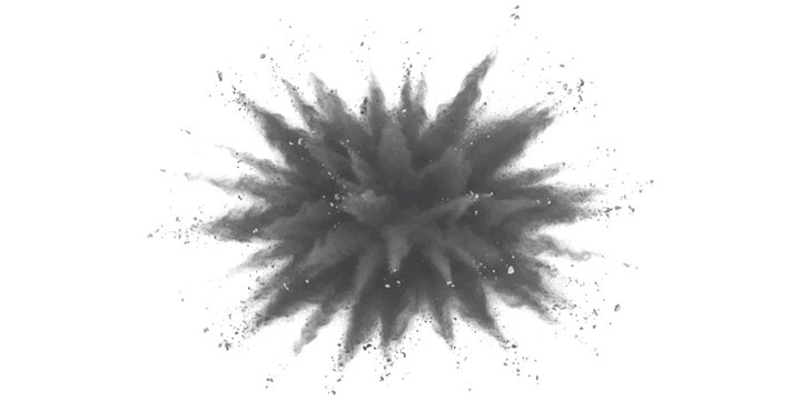 A dynamic burst of dark grey powder creating an explosive star shape against a plain white background