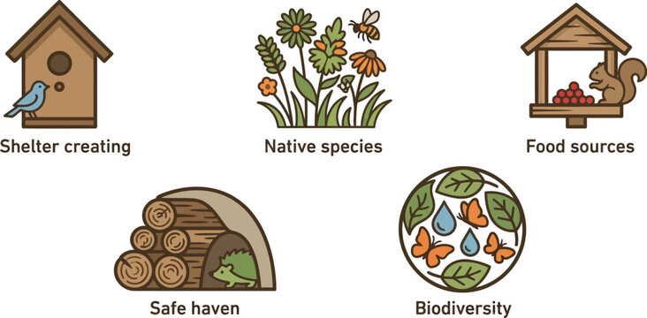 A collection of five circular icons depicts different actions and elements required for enhancing biodiversity in a natural area.