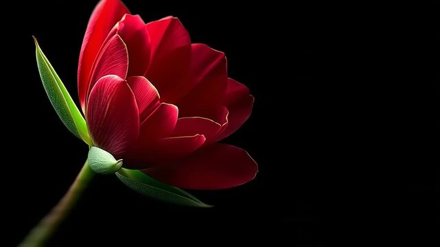 A macro shot captures a vibrant red flower slowly blooming in soft light.