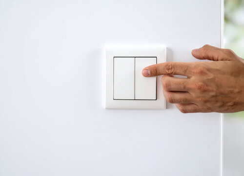 Mano apagando un interruptor de luz del hogar, concepto de eficiencia, ahorro dom&eacute;stico, sostenibilidad y control del consumo el&eacute;ctrico en el D&iacute;a Mundial de la Eficiencia Energ&eacute;tica
