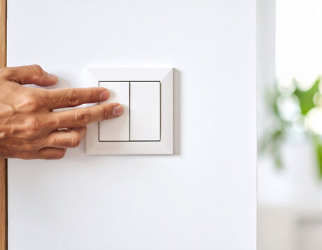 Mano apagando un interruptor de luz del hogar, concepto de eficiencia, ahorro dom&eacute;stico, sostenibilidad y control del consumo el&eacute;ctrico en el D&iacute;a Mundial de la Eficiencia Energ&eacute;tica
