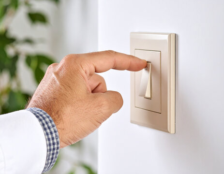 Mano apagando un interruptor de luz del hogar, concepto de eficiencia, ahorro dom&eacute;stico, sostenibilidad y control del consumo el&eacute;ctrico en el D&iacute;a Mundial de la Eficiencia Energ&eacute;tica

