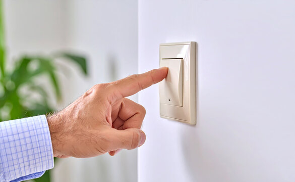 Mano apagando un interruptor de luz del hogar, concepto de eficiencia, ahorro dom&eacute;stico, sostenibilidad y control del consumo el&eacute;ctrico en el D&iacute;a Mundial de la Eficiencia Energ&eacute;tica
