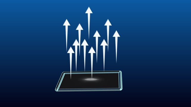 Digital tablet with upward-pointing arrows representing connectivity and data transfer.