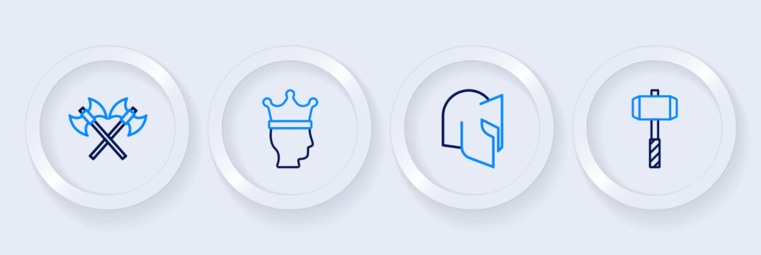 Set line Battle hammer, Medieval helmet, King crown and Crossed medieval axes icon. Vector