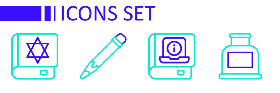Set line Inkwell, User manual, Pencil with eraser and Jewish torah book icon. Vector