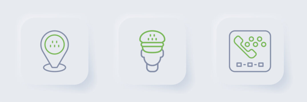 Set line Taxi call telephone service, driver and Location taxi car icon. Vector
