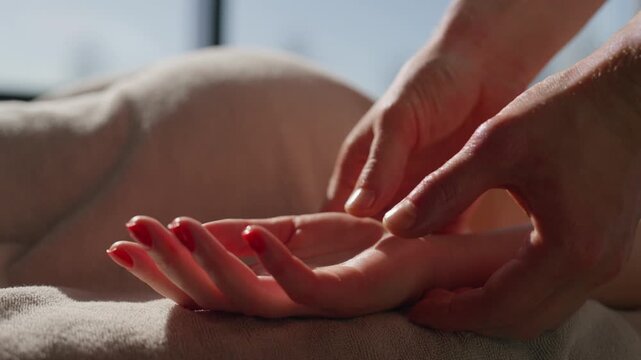 Gentle hand massage therapy with soft natural light, relaxing touch, and soothing wellness atmosphere focusing on fingers, skin, and calm restorative care
