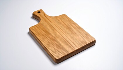 Fototapeta premium A wooden cutting board with a handle, sitting on a white background
