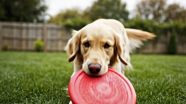 Golden Retriever Plays Fetch with a Frisbee in the Backyard.