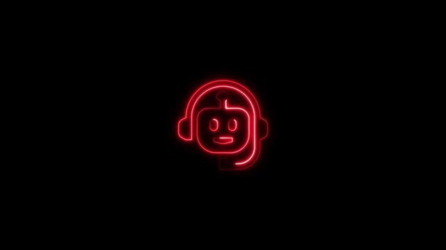 Neon glowing robot head icon with headset, customer support concept, artificial intelligence assistant, digital technology symbol