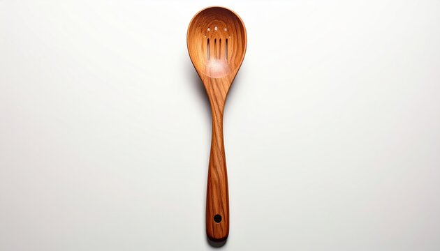 Close-up of a wooden slotted spoon against a bright, neutral backdrop