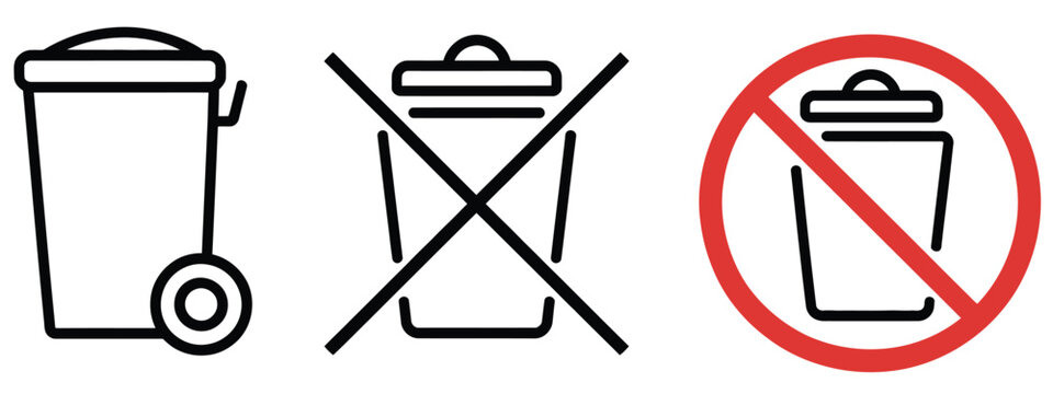 Waste bin icon no trash symbol, empty garbage container concept, clean environment and no litter sign, refuse bin prohibition indicator, zero waste and cleanliness warning icon, vector