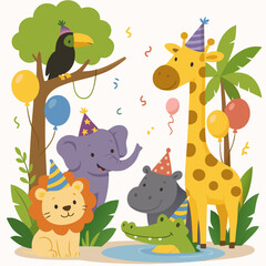 Fototapeta premium Cute jungle animals celebrating a birthday party with hats and balloons, vector illustration