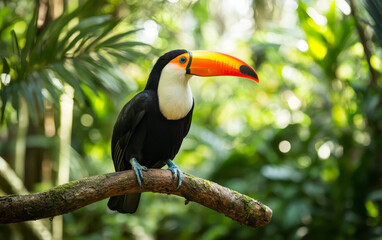 Fototapeta premium A vibrant toucan with a large orange beak perches on a mossy branch, surrounded by lush green foliage of a tropical rainforest