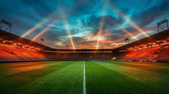 Panoramic view of a brightly lit soccer stadium at dusk, with dramatic sunset sky and illuminated stands creating an exciting atmosphere.