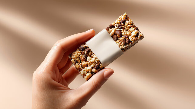 Female hand holding granola muesli chocolate chip bar with white blank label mockup, warm beige background with soft sunlight shadows highlighting natural healthy snack product packaging design.
