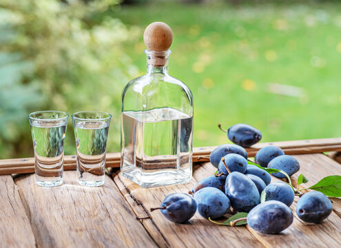 Slivovice, traditional Balkan plum brandy and national drink of Serbia and several Eastern European countries, still life with fresh plums.