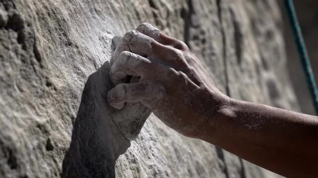 Rock Climber Hand Gripping Chalky Hold Extreme Close Up