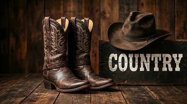 Pair of brown leather western cowboy boots and a felt hat placed on a dark rustic wooden box with country text label