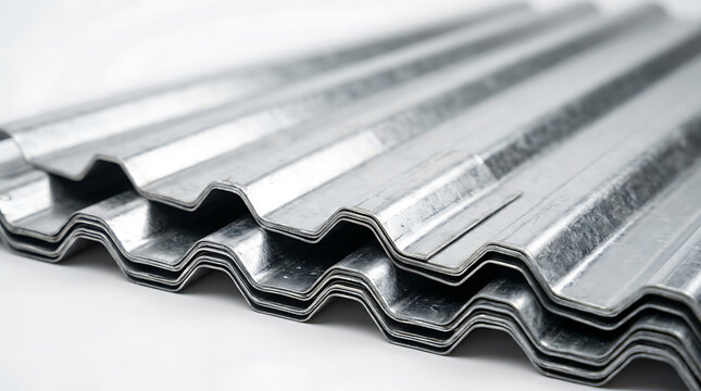 Close up of stacked corrugated steel roofing sheets with silver metallic finish and wavy industrial construction