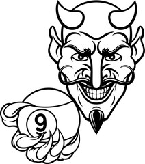 Fototapeta premium Devil nine ball pool billiards sports mascot holding a 9 ball cartoon illustration
