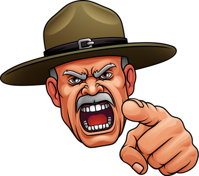 An angry drill instructor or sergeant bootcamp army soldier cartoon character