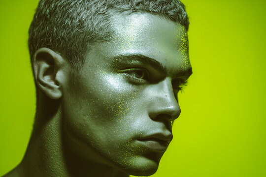 Young man with reflective silver face paint on solid neon green background, concept of futuristic summer fashion.