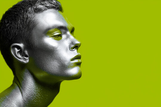 Young man with reflective silver face paint on solid neon green background, concept of futuristic summer fashion.