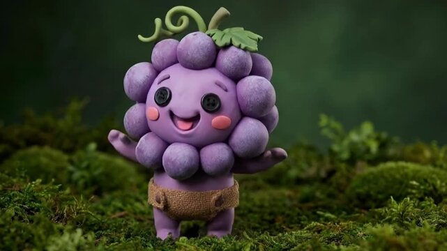 Adorable claymation purple grape character dancing on a bed of green moss in a forest