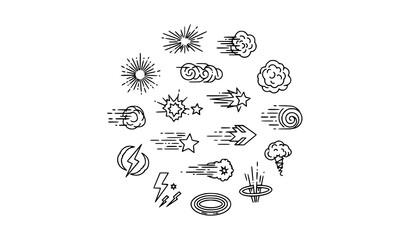 Fototapeta premium Minimal Line Icons of Explosion Speed and Energy Effects in Circular Layout Vector Collection