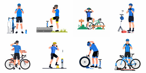 Fototapeta premium Set of flat illustrations featuring a male cyclist preparing for a ride, showing bike maintenance, safety gear, and race day readiness.