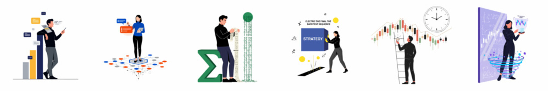 Set of conceptual illustrations focusing on financial data analysis, algorithmic trading strategies, backtesting, and market performance tracking for professional investors and analysts.