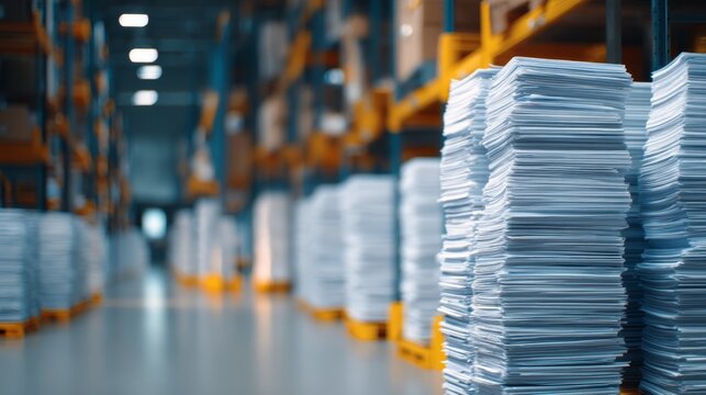 Stacks of Unread Financial Reports in a Warehouse Setting, Highlighting the Importance of Document Management and Organization in Business Operations