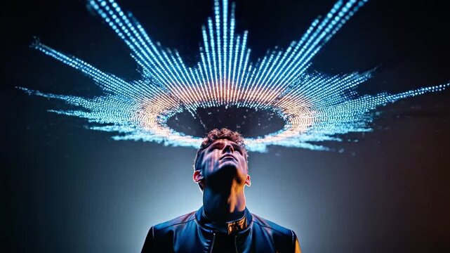 A man in a dark outfit stands with his head tilted back, surrounded by vibrant blue and orange lights emanating from above