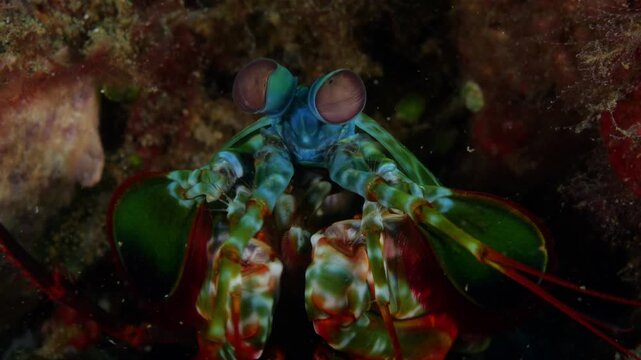 Macro underwater shot of a mantis shrimp watching from its hole. Detailed eye movement highlights one of the ocean&rsquo;s most fascinating animals. Tulamben, Bali, Indonesia.
