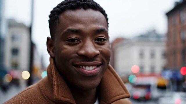 Smiling man in brown coat on a city street.
