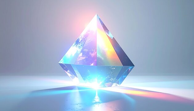 Holographic crystal pyramid with vibrant rainbow reflections on minimal background