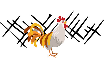 Stylized rooster illustration with abstract geometric background on white © Fitri Xcv