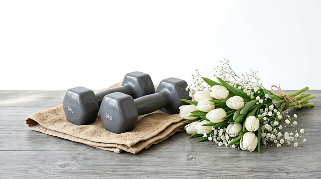 Pair of grey five kilogram dumbbells resting on a folded tan towel next to a bouquet of white tulips on wooden table