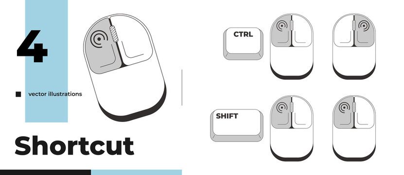 Mouse clicks and grayscale keyboard hotkey pack. Ctrl shift navigation actions. Input device. Minimal shortcut keys collection. Monochrome combination buttons for productivity. Vector illustration