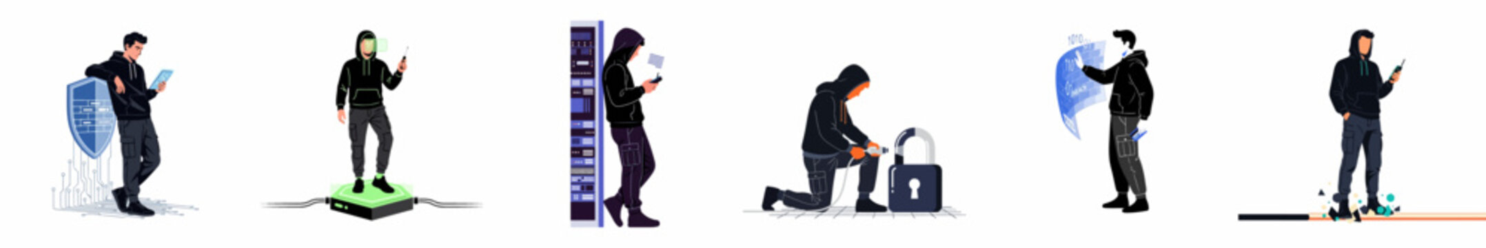 Set of flat vector illustrations representing various cybercrime activities and cybersecurity concepts, featuring a hooded hacker character in different scenarios.