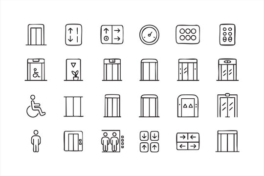 Modern lift icons collection featuring elevator buttons panels and transport system elements