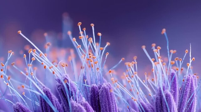 A close-up view of micro hairs on a purple surface with orange tips.