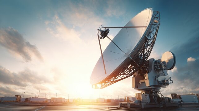 Large parabolic satellite dish antenna with complex structure against a bright cloudy sky at sunrise