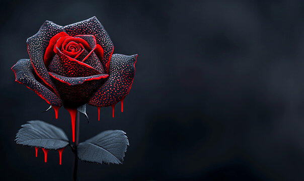 Bleeding black cursed rose on dark background. Tragic love, toxic relationships, abuse and broken heart concept. Gothic illustration for banner with copy space 