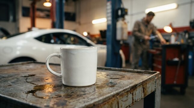 White ceramic coffee mug mockup on a greasy metal workbench in a professional auto repair shop, blurred mechanic and white car in background, industrial workshop break, template, service