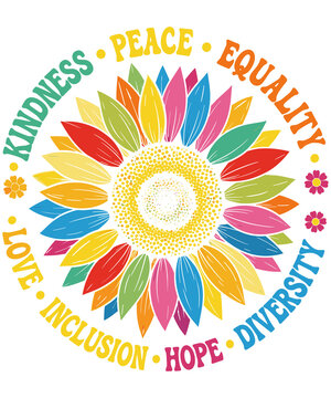 Inspirational Floral Design Featuring Kindness Peace Equality and Love Text