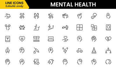 Fototapeta premium Mental Health Line Editable Icons set. Vector illustration in modern thin line style of medical icons: components of a healthy lifestyle and mental balance.
